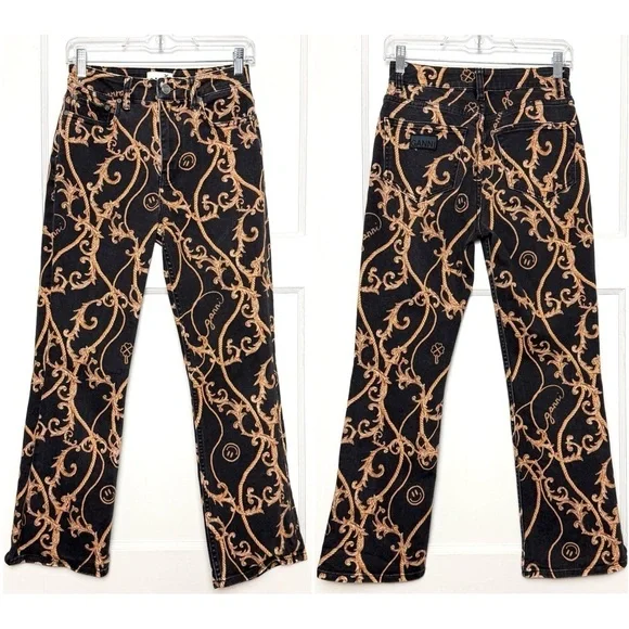 GANNI 90s Baroque Logo Print Denim‎ High Rise Cropped Bootcut Flare Leg Jeans 26